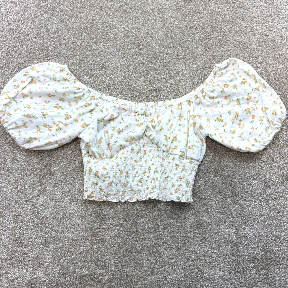 Billabong Womens Small White Floral Smocked Puff Sleeve Cotton Crop Top Boho